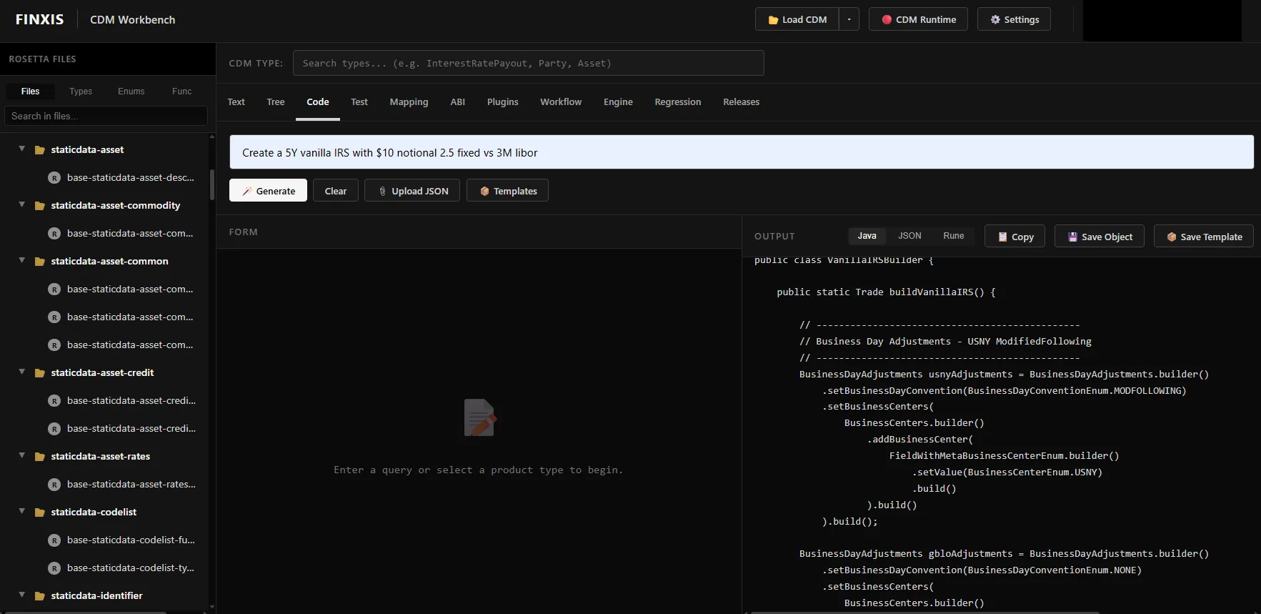 CDM Workbench code generation from a natural language description into Java